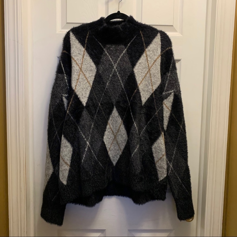 Marled Fuzzy Soft Argyle Mock Turtle Sweater